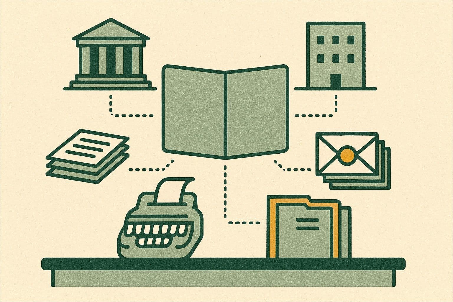 Illustration of an open case file linked by dotted lines to a courthouse, an office building, a document stack, a stenotype machine, a sealed envelope and a row of medical record folders