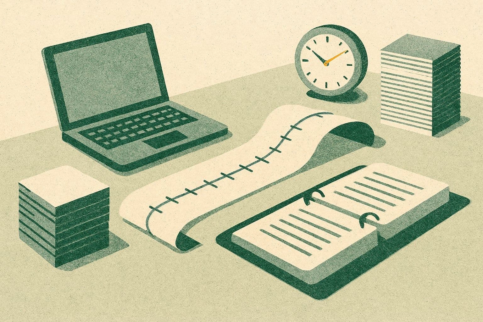 Illustration of a timeline sheet, laptop, open binder, two page stacks, and a small clock on a desk.