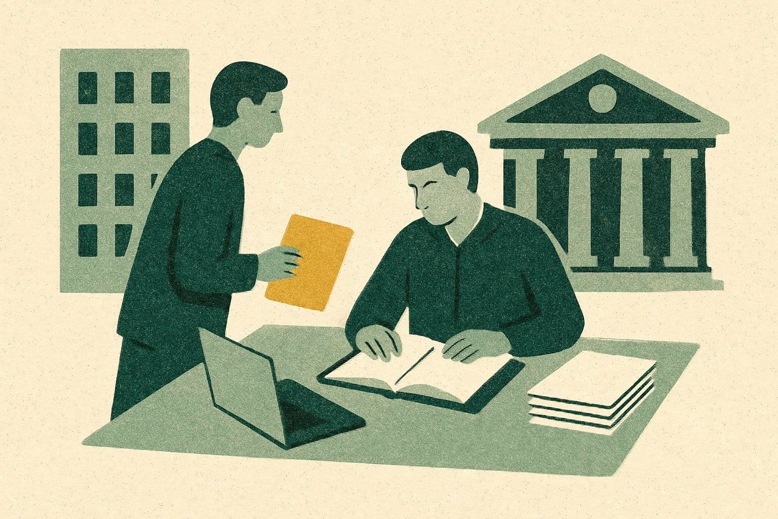 Illustration of two office figures with a folder, open binder, laptop, page stack, office, and courthouse.
