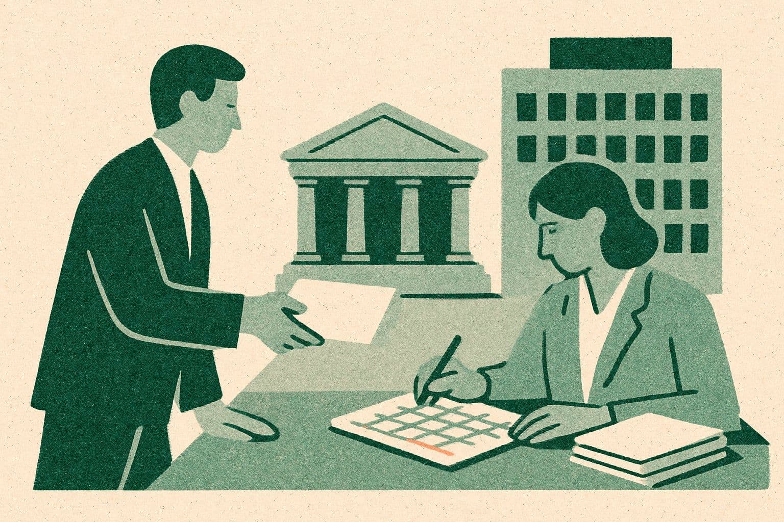 Illustration of two office figures with an envelope, calendar, documents, courthouse, and office building.