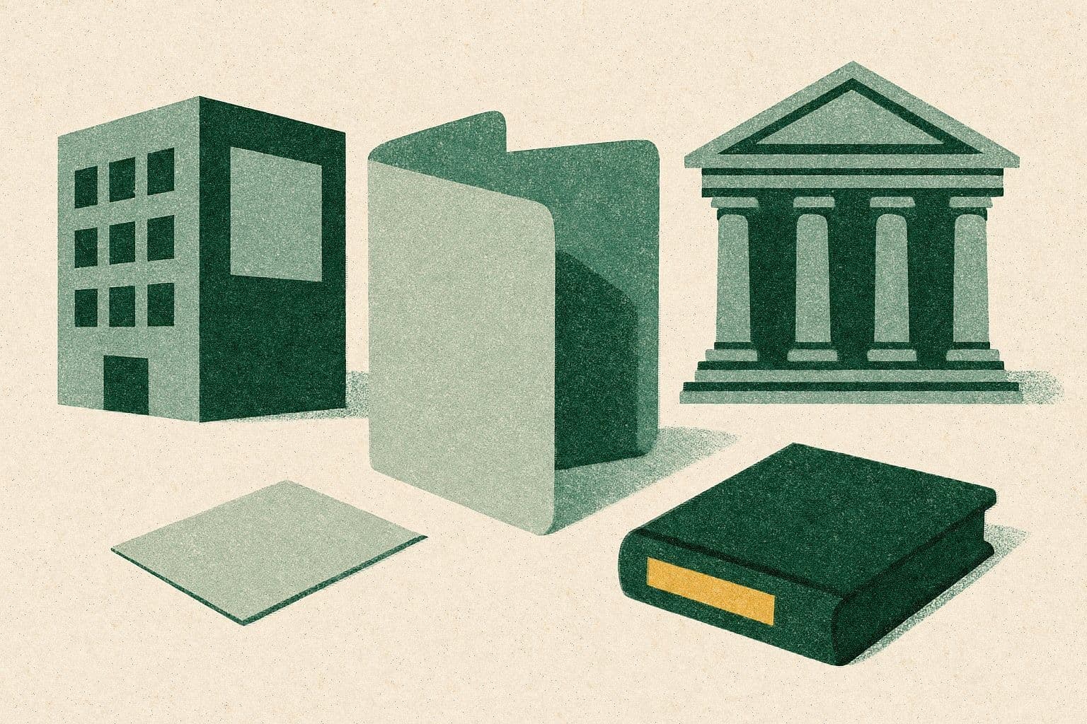 Illustration of hospital and courthouse buildings with an open folder, loose sheet, and closed binder.