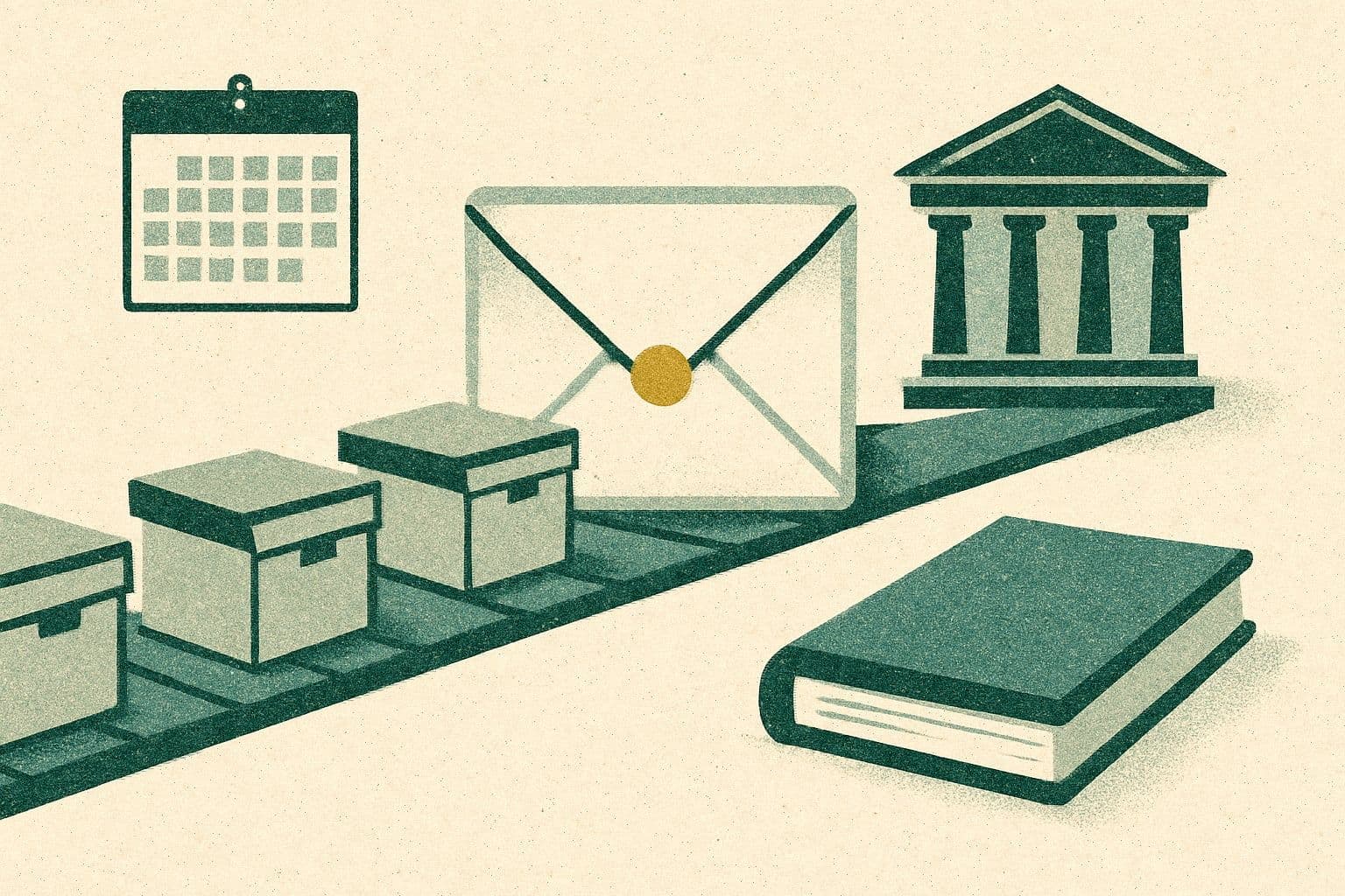 Illustration of archive boxes on a conveyor to a large envelope, with a calendar, courthouse, and binder.