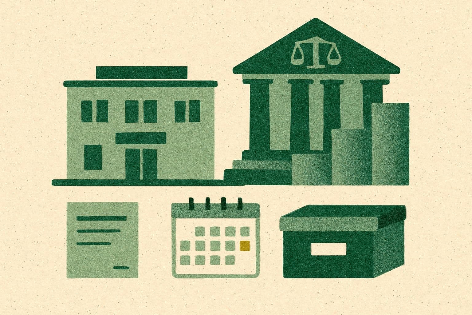 Illustration of a clinic, courthouse, stepped chart, plain document, calendar, and archive box.