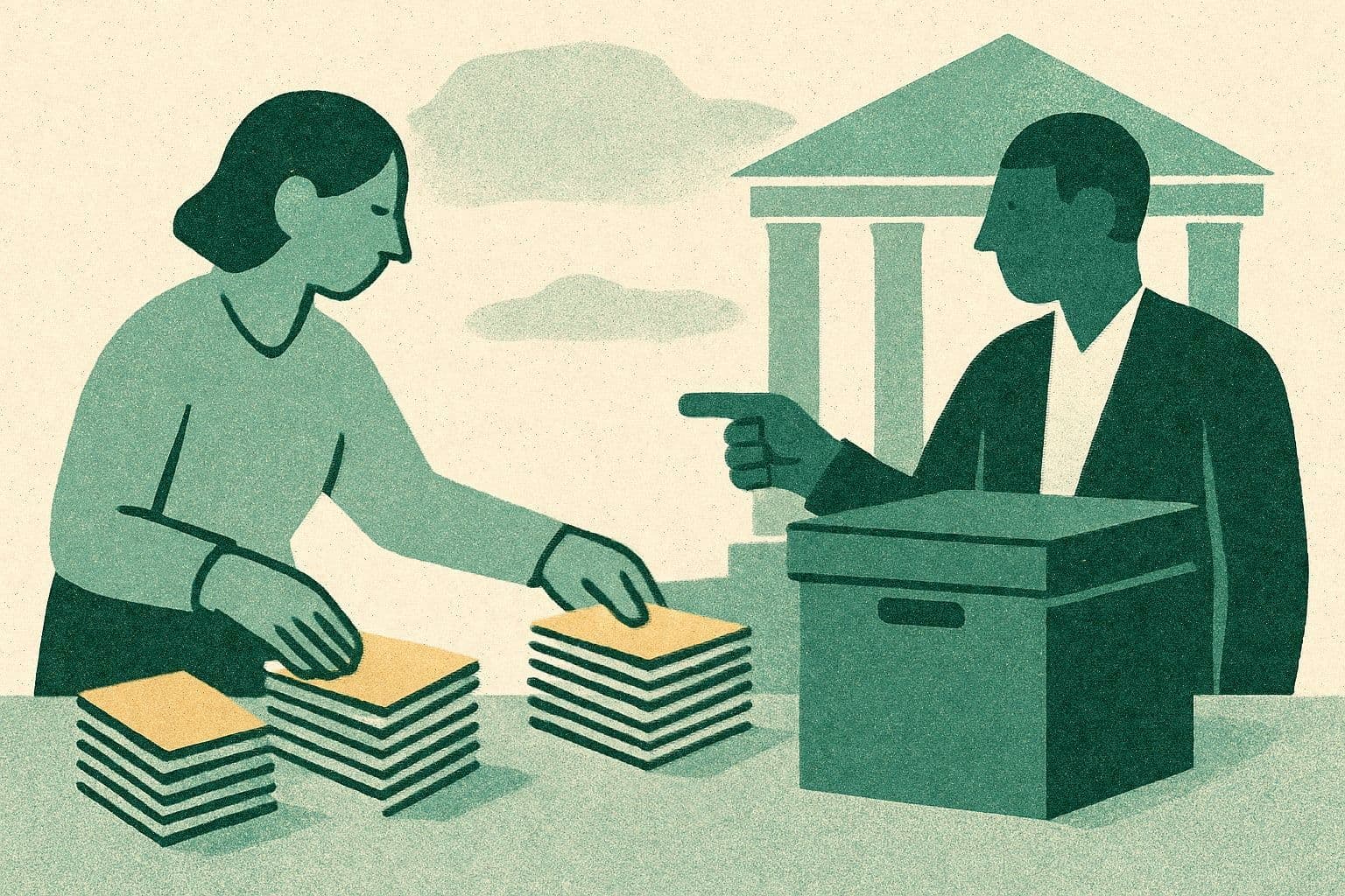 Illustration of two office figures with separate folder stacks, one large archive box, and a courthouse building.