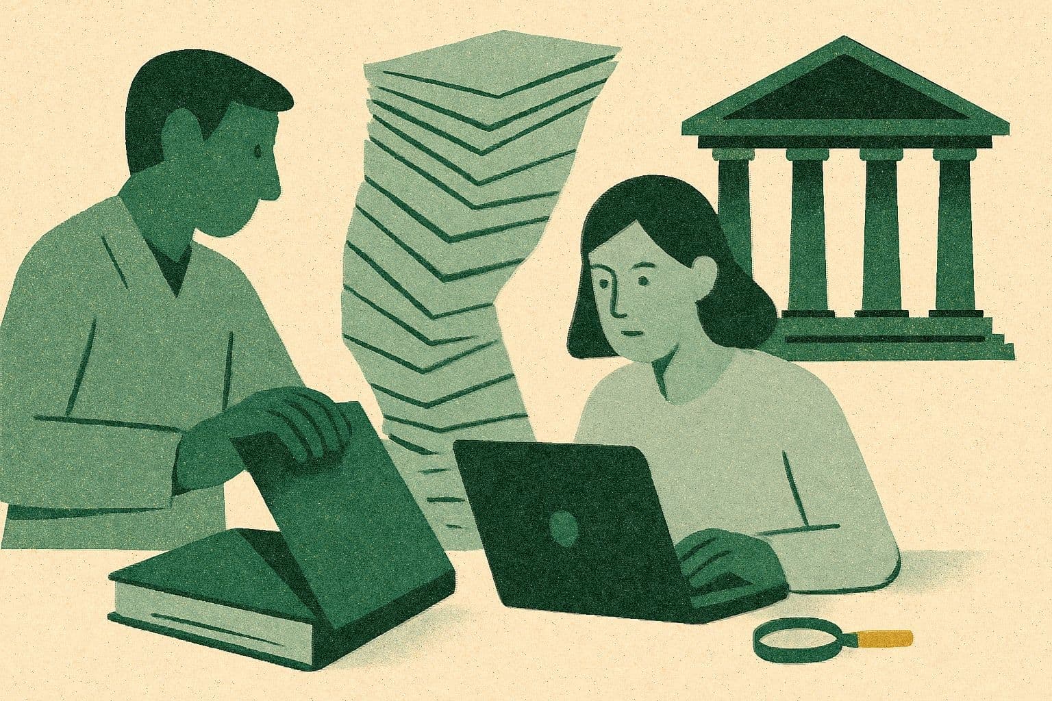 Illustration of two office figures with a laptop, closing binder, slumping document stack, and courthouse.